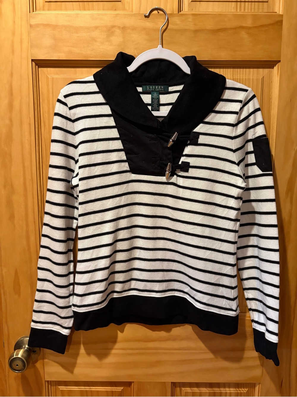 Lauren Ralph Lauren Women's Black & White Striped Toggle Pullover Sweater Wmns S
